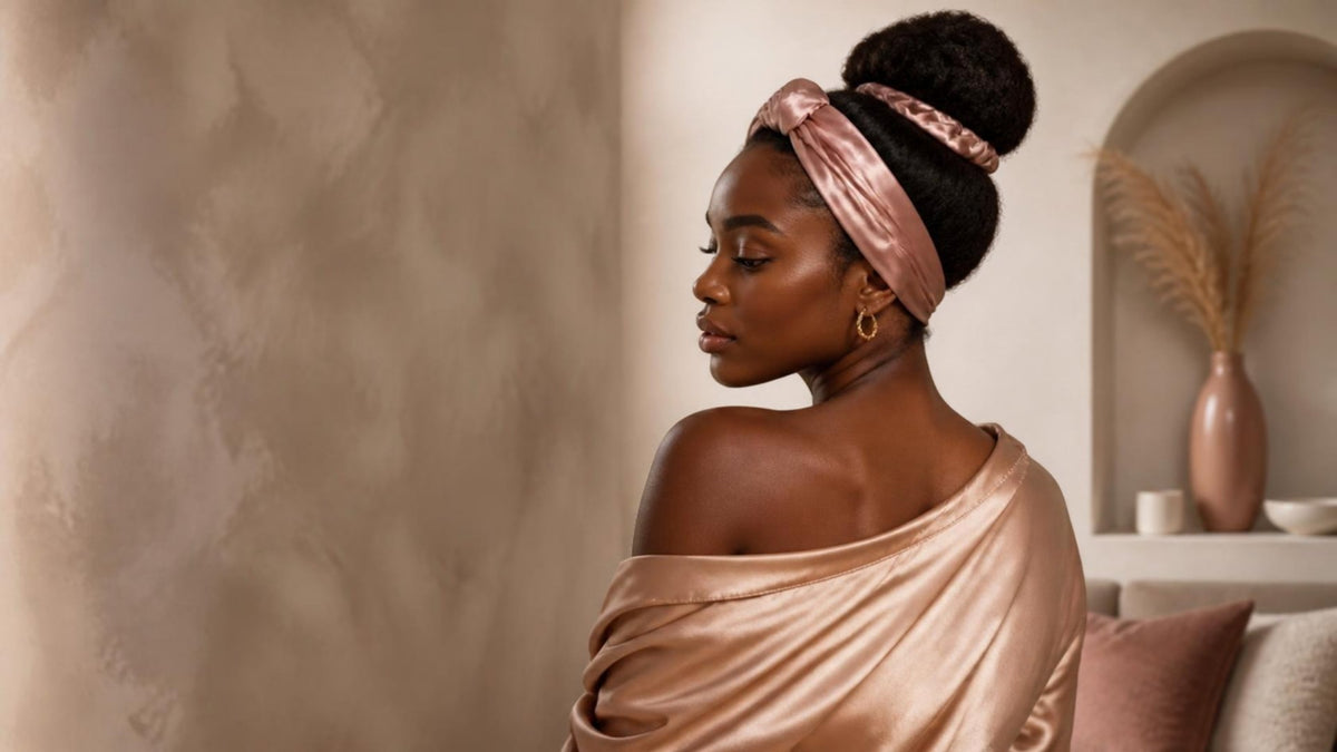 Femme aux cheveux naturels coiffés en chignon avec un bandeau en satin – KAZA+