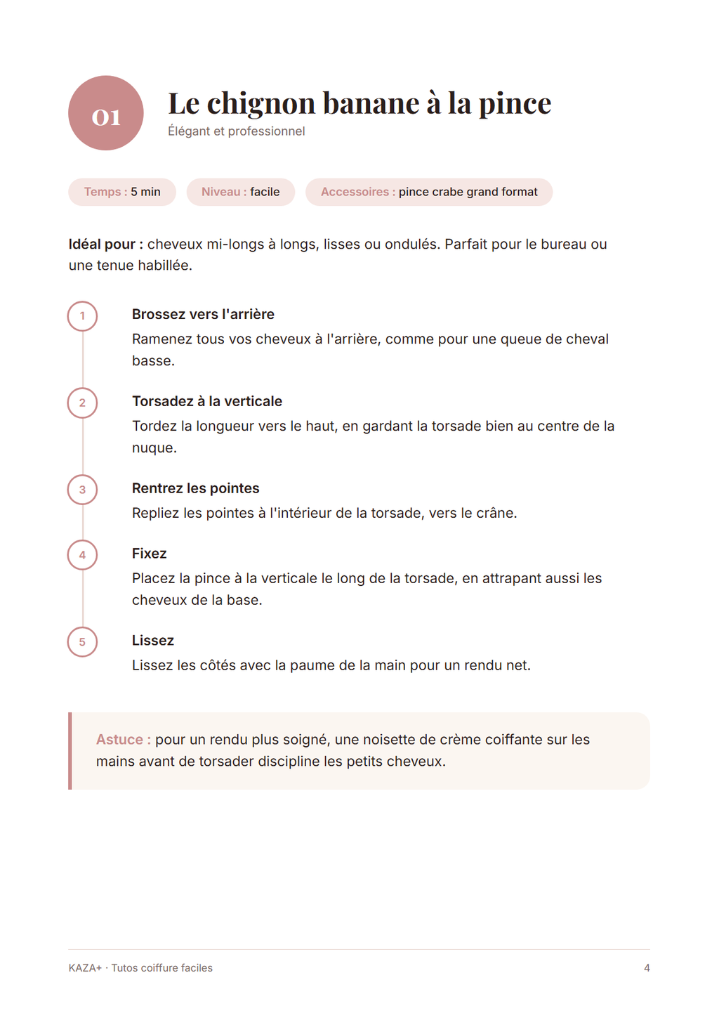 Aperçu : fiche « Le chignon banane à la pince », étapes pas à pas