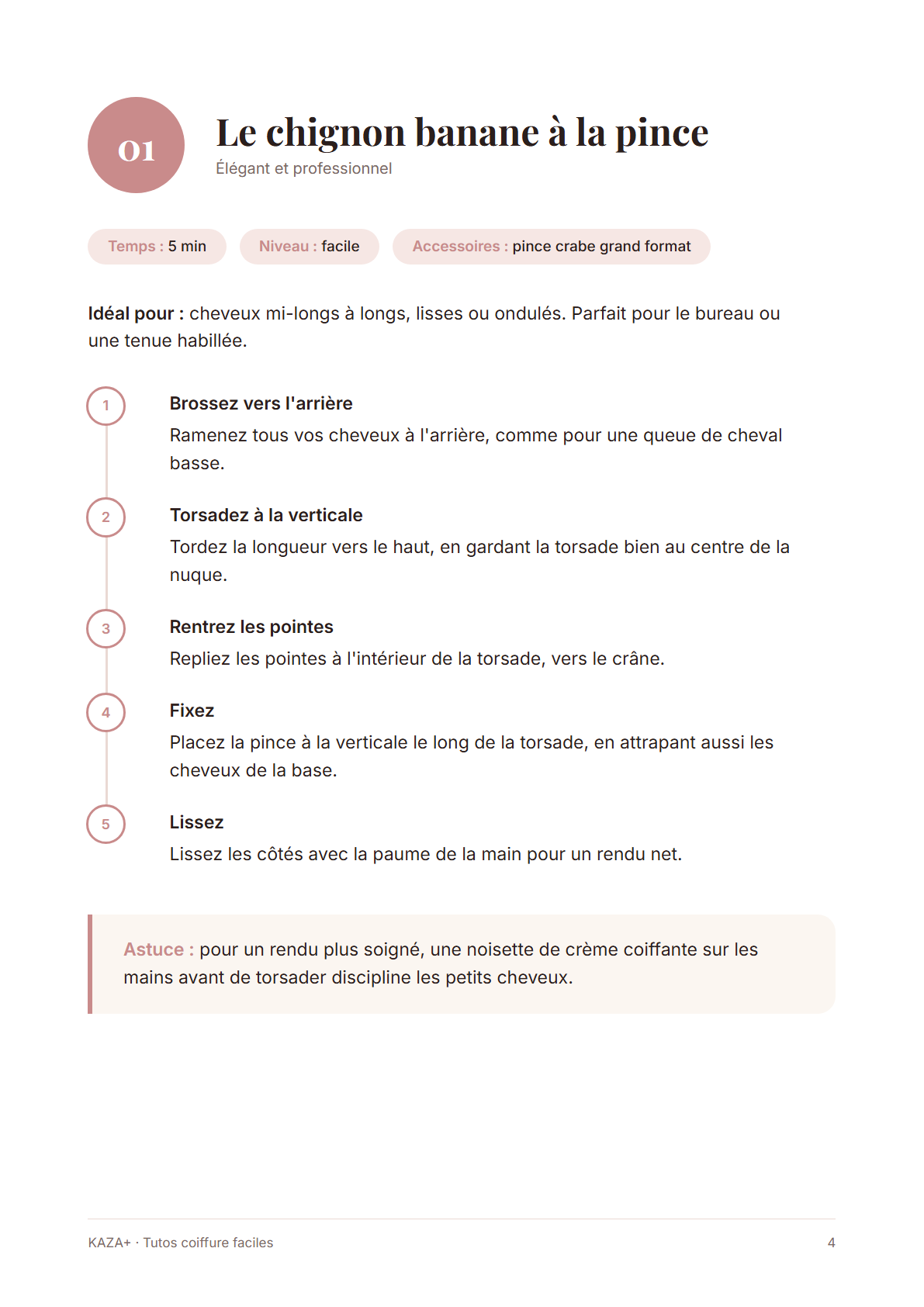 Aperçu : fiche « Le chignon banane à la pince », étapes pas à pas